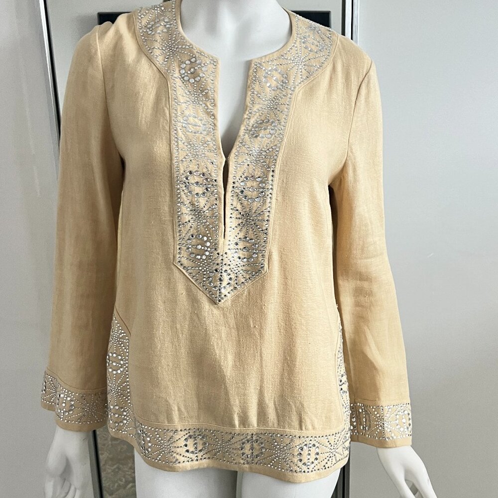 Tory Burch Beige Linen Tunic W/ Silver Crystal Embellishments SZ S
